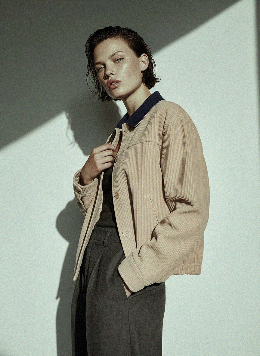 Beige Corduroy Jacket with Contrast Blue Collar photo 4