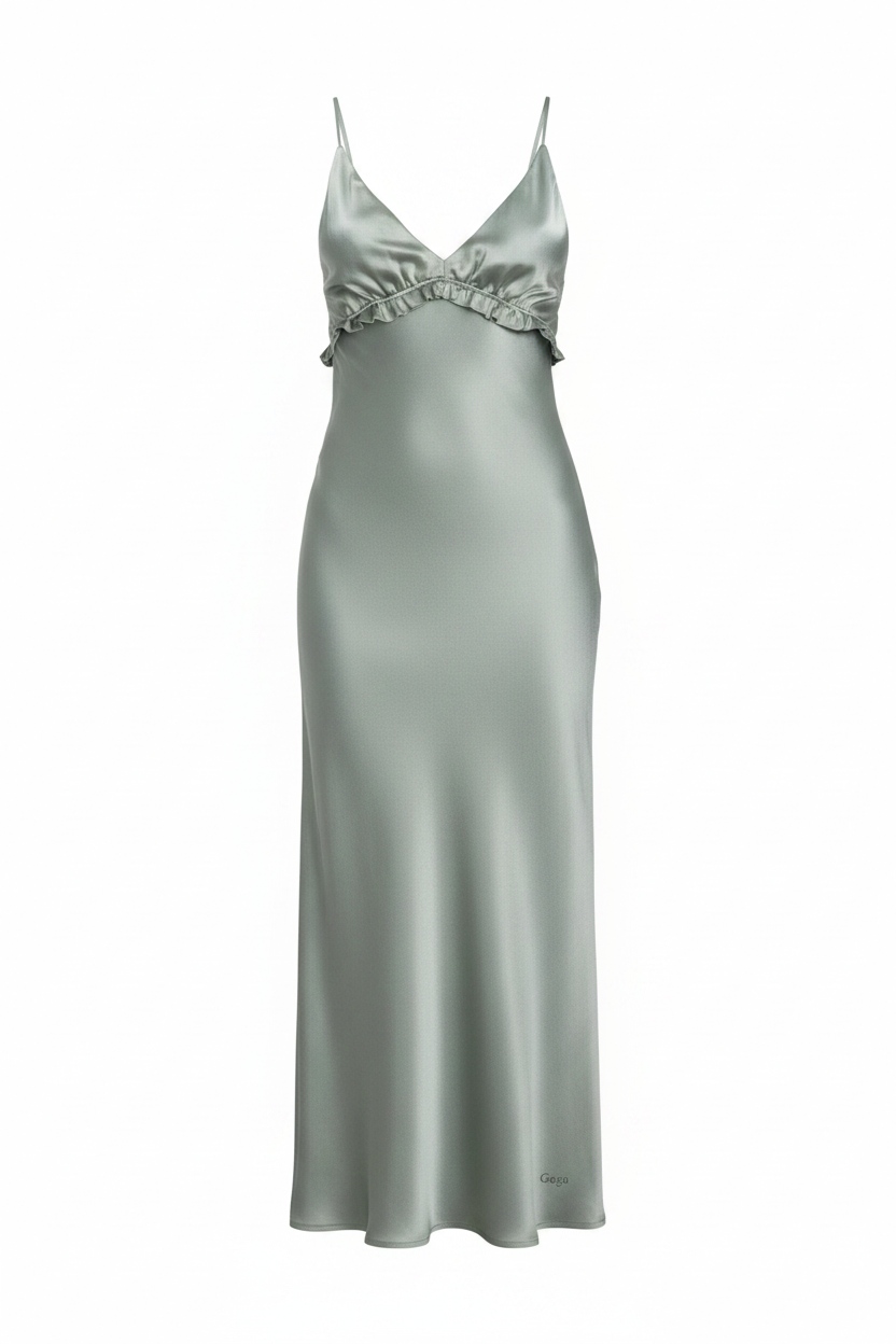 Elegant Satin Maxi Slip Dress with Ruffle Detail photo 1