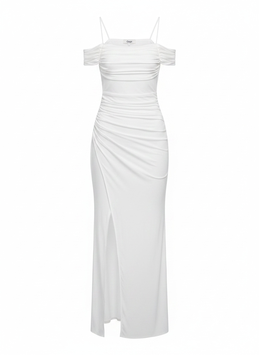 Elegant White Ruched Slit Maxi Dress photo 1