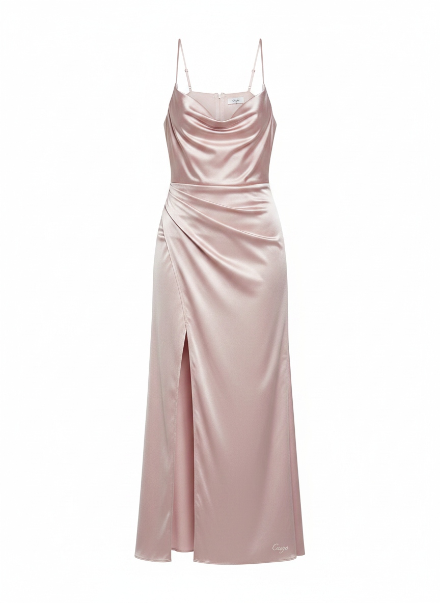 Elegant Pink Satin Cowl Neck Maxi Dress with Slit photo 1
