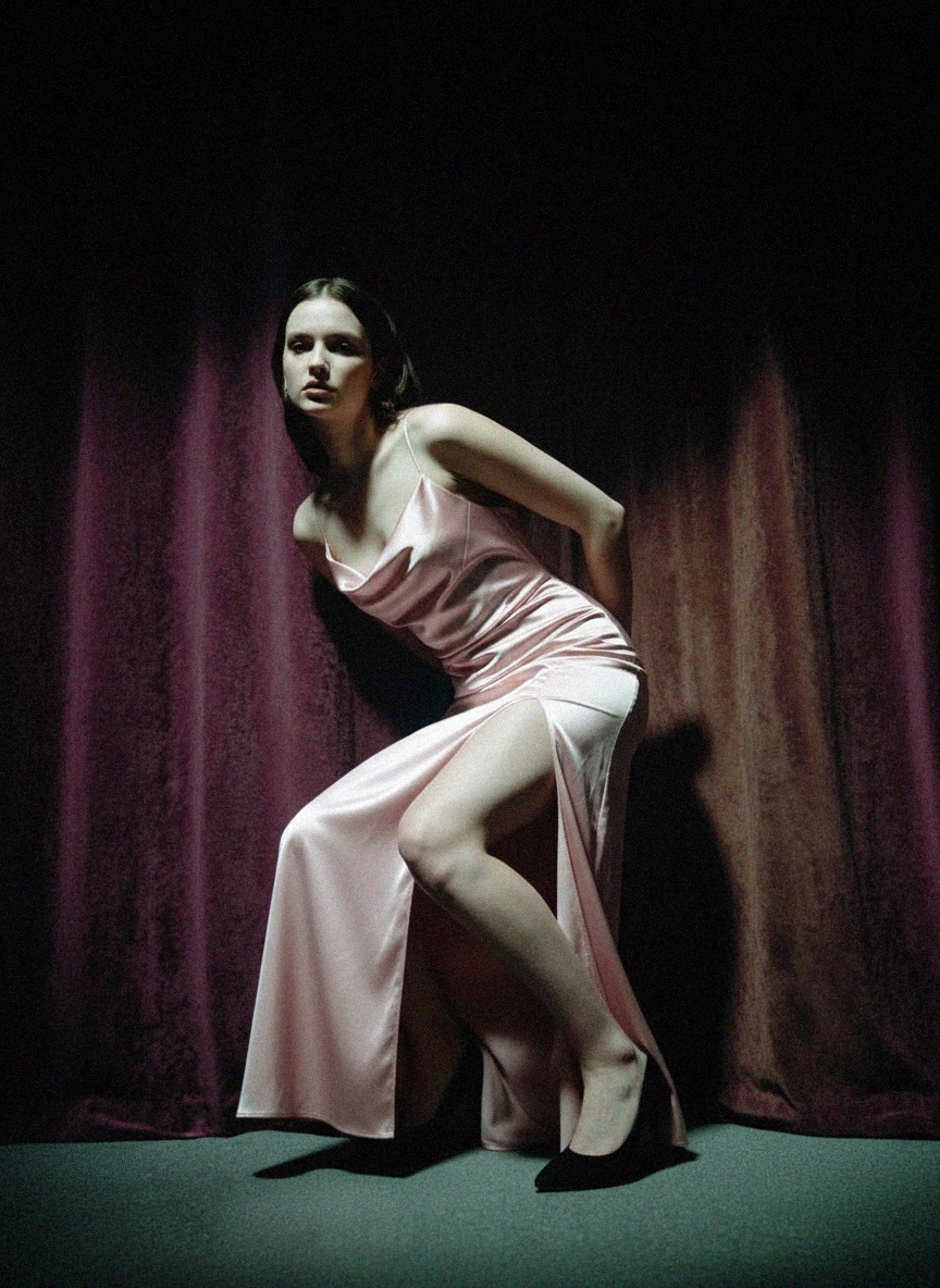 Elegant Pink Satin Cowl Neck Maxi Dress with Slit photo 4