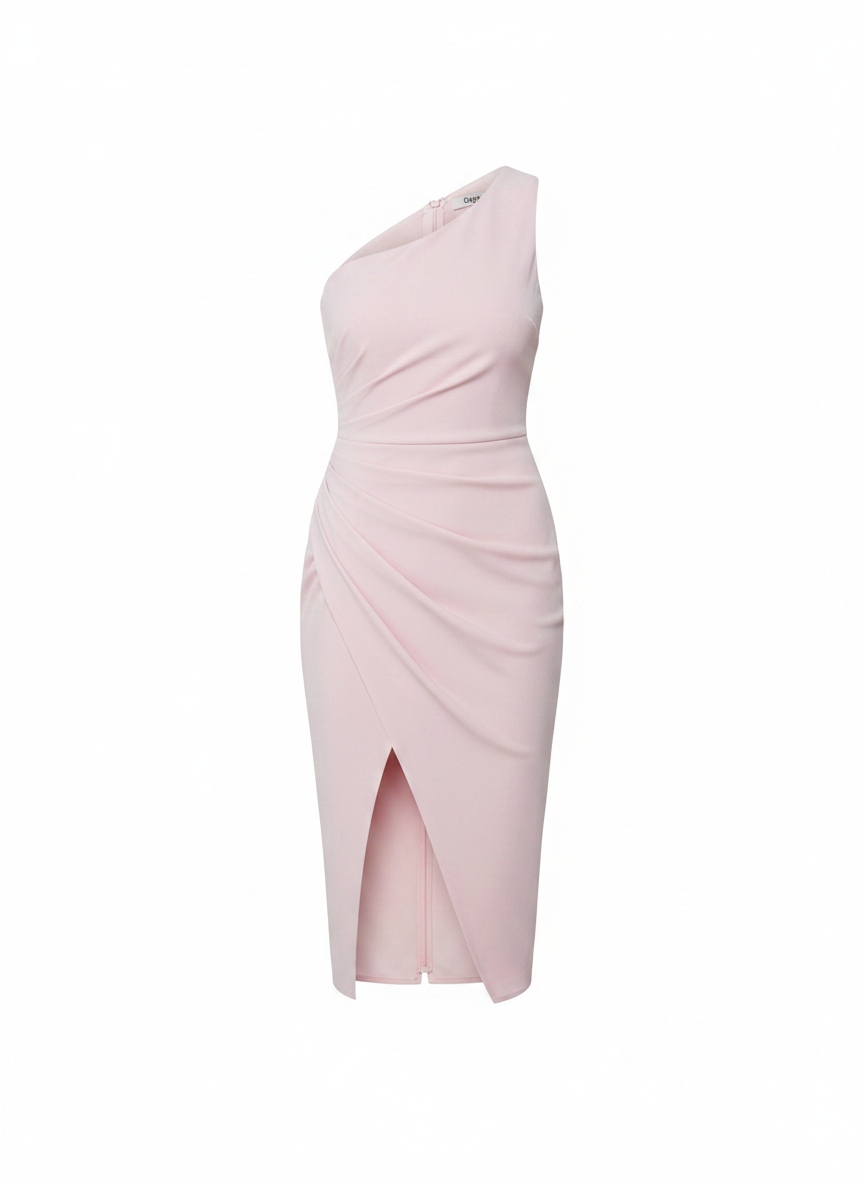 Elegant Pink One Shoulder Draped Midi Dress photo 1