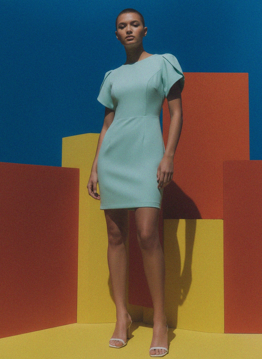 Elegant Mint Blue Mini Dress with Structured Sleeves photo 4