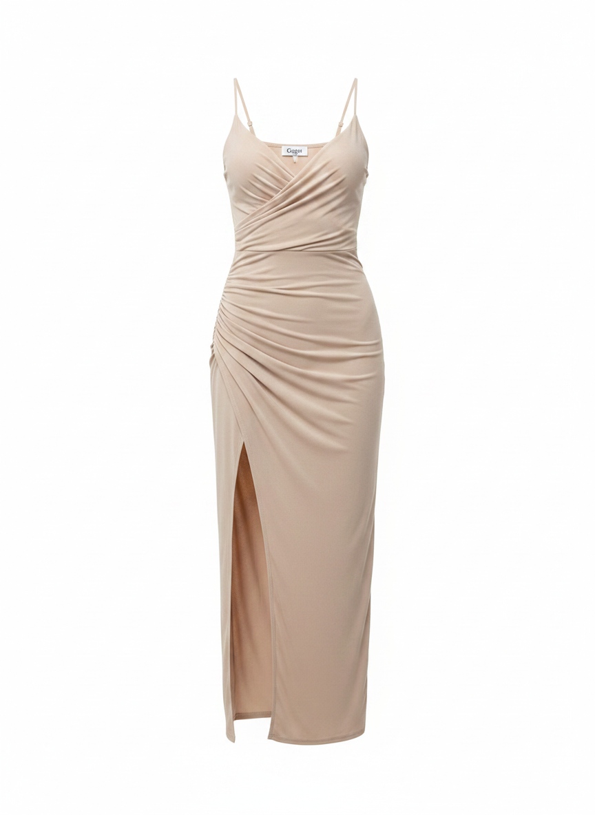 Elegant Beige Ruched Maxi Dress with High Slit photo 1