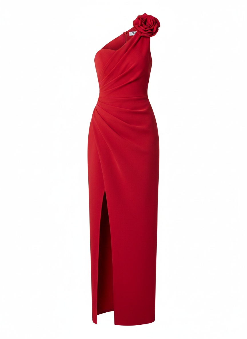 Elegant Red One-Shoulder Maxi Dress with Thigh Slit photo 1