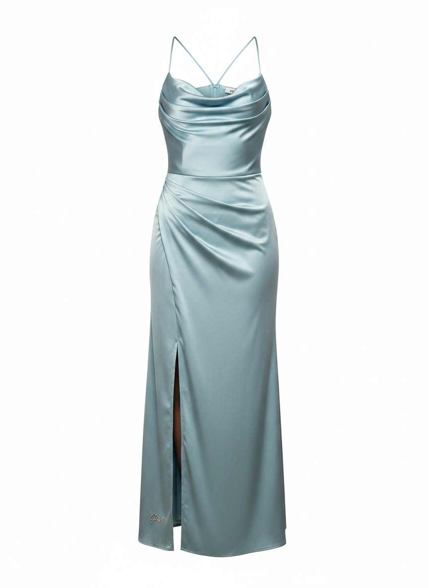 Elegant Blue Satin Maxi Dress with Cowl Neck & Slit photo 1