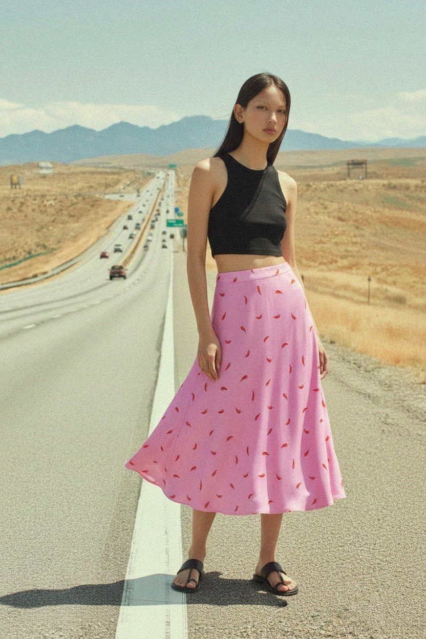 Vibrant Pink Maxi Skirt with Chili Pepper Print photo 2