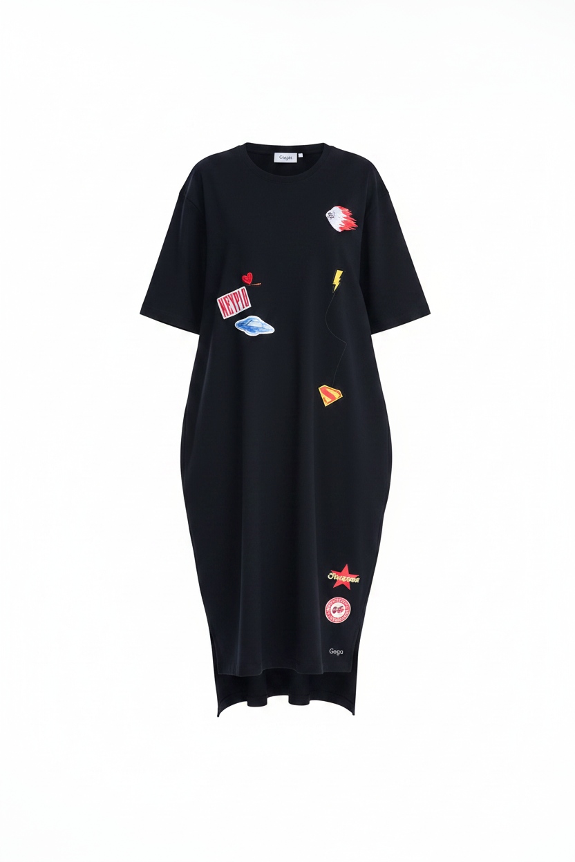 Oversize Black Midi Dress with Fun Graphic Patches photo 1