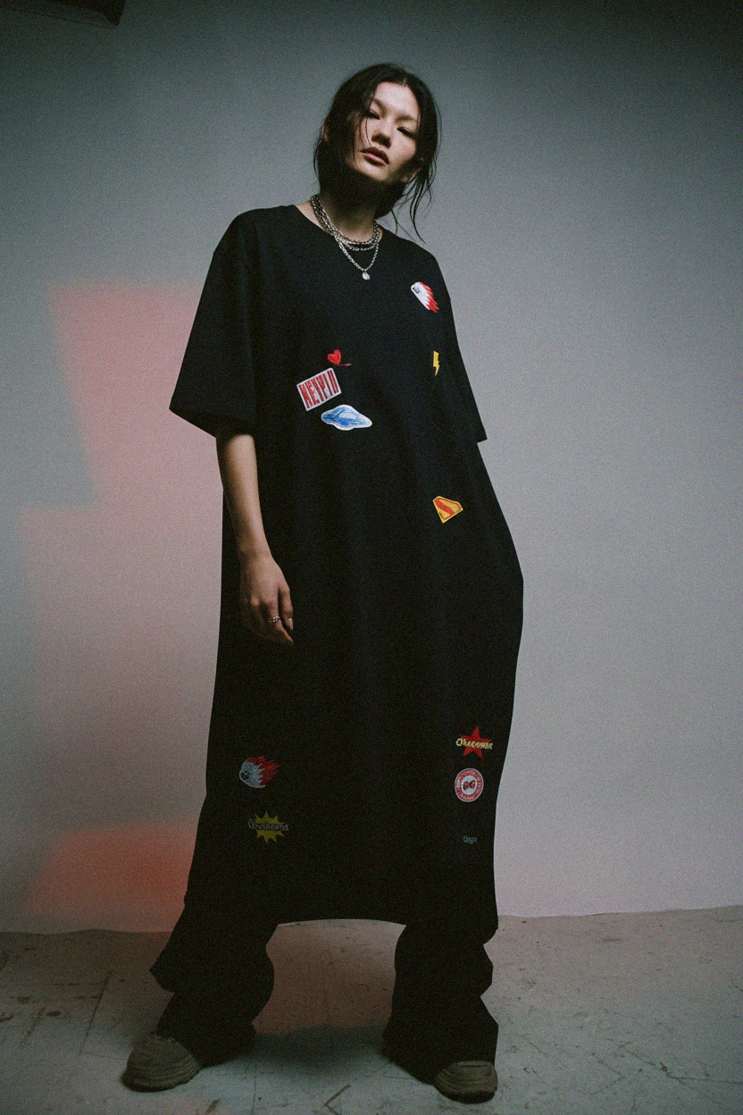 Oversize Black Midi Dress with Fun Graphic Patches photo 2