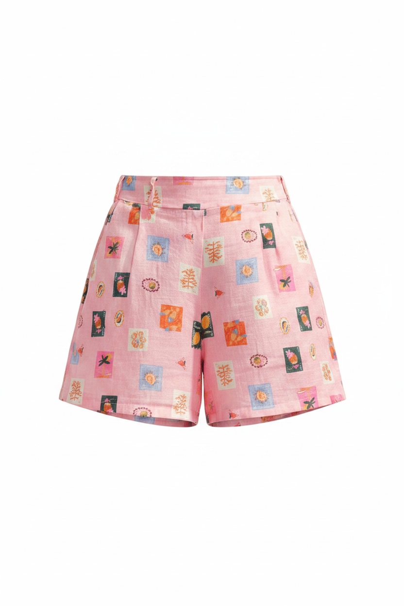Pink Patterned Linen Blend Casual Shorts photo 1