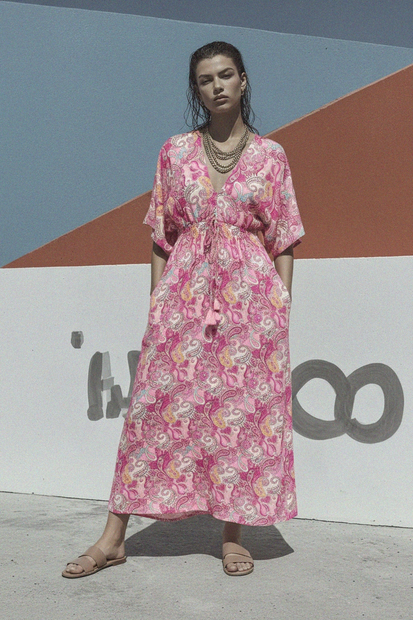 Pink Paisley V-Neck Maxi Dress photo 3