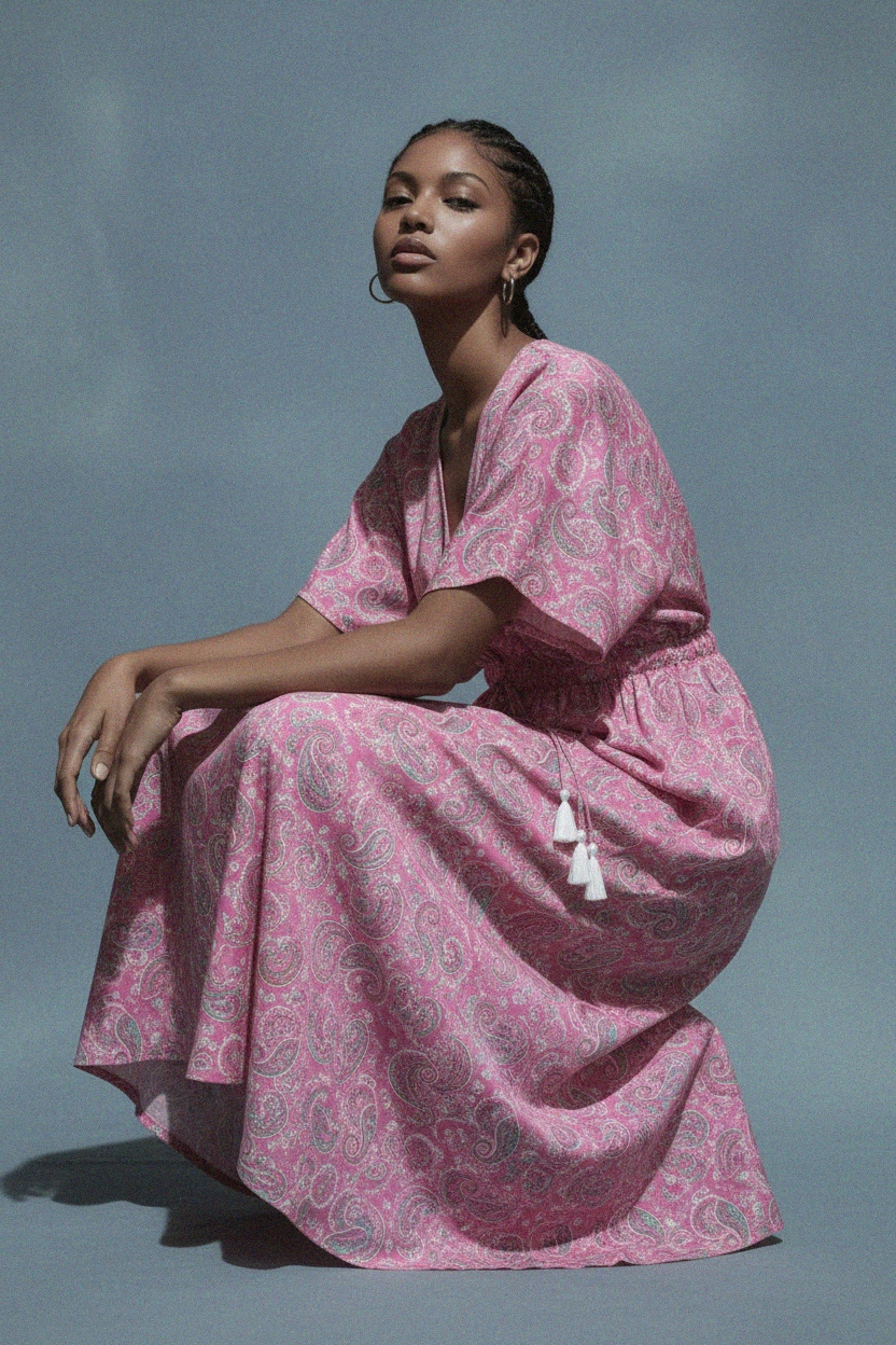 Flowy Pink Paisley Maxi Dress with Tassel Tie Waist photo 2