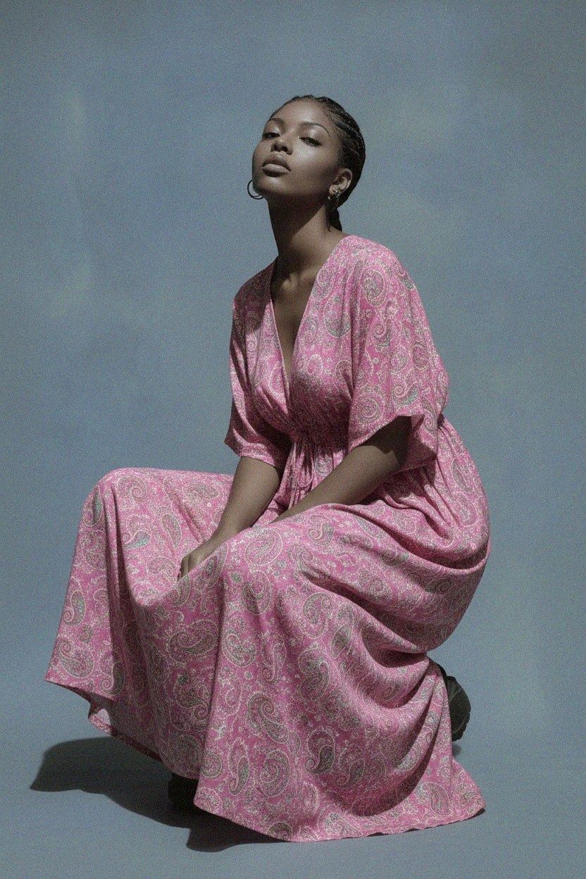 Flowy Pink Paisley Maxi Dress with Tassel Tie Waist photo 3