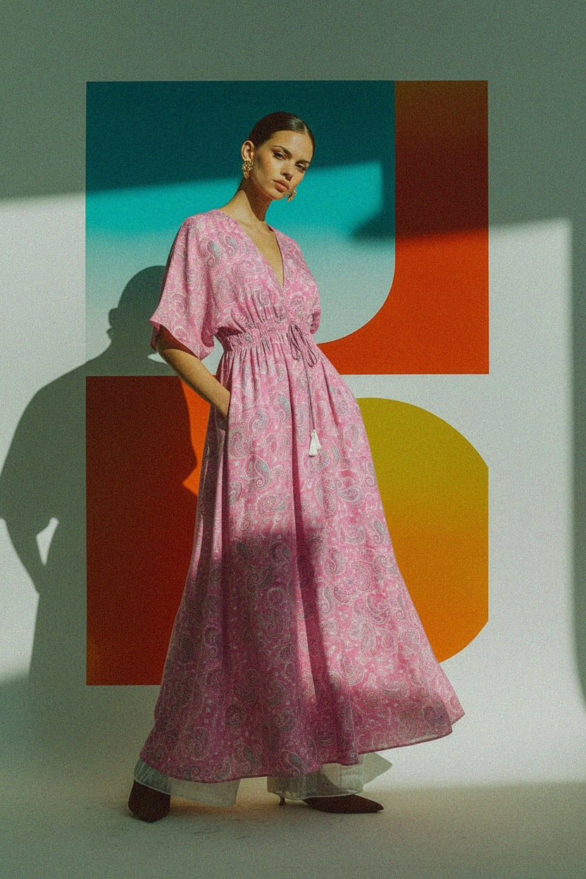 Flowy Pink Paisley Maxi Dress with Tassel Tie Waist photo 4