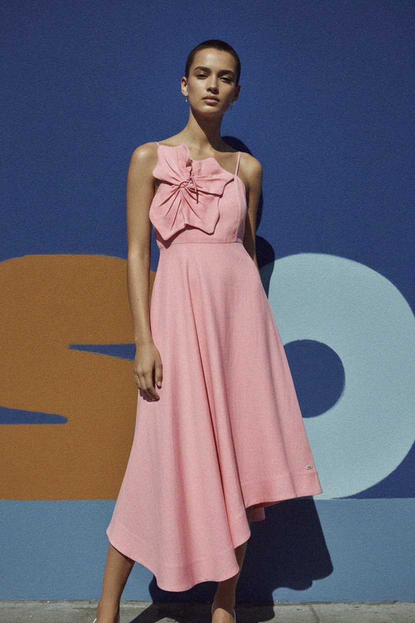 Pink Asymmetrical Midi Dress with Statement Bow photo 2