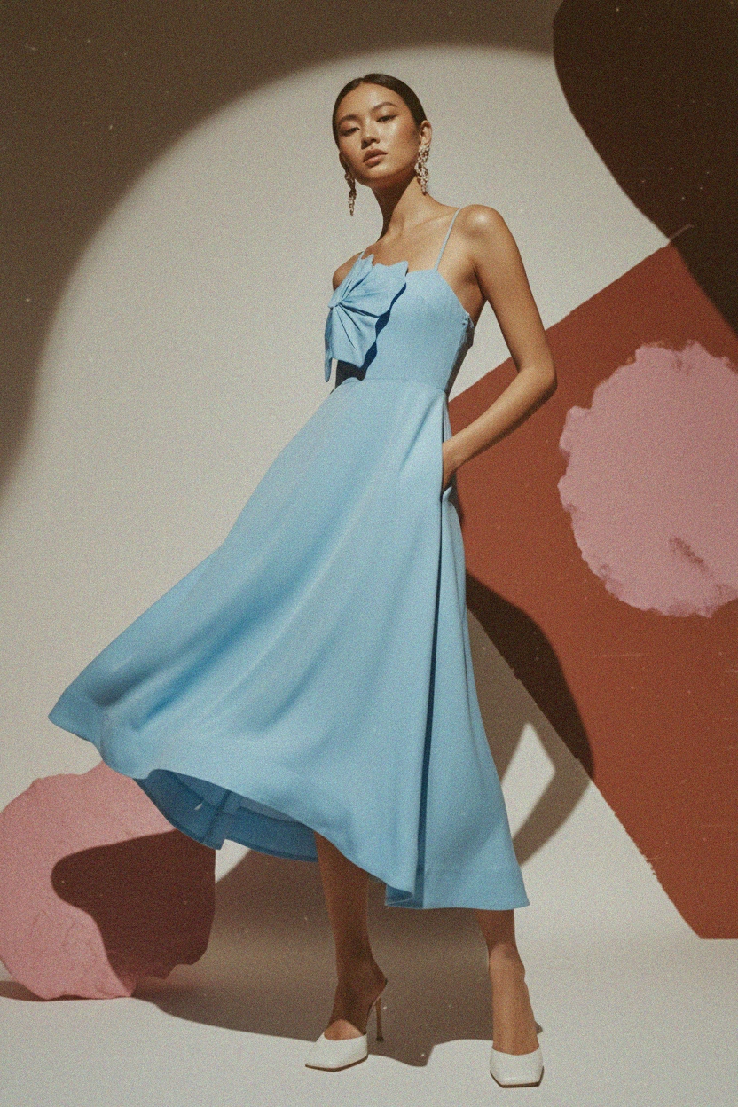 Sky Blue Midi Dress with Decorative Front Bow photo 3
