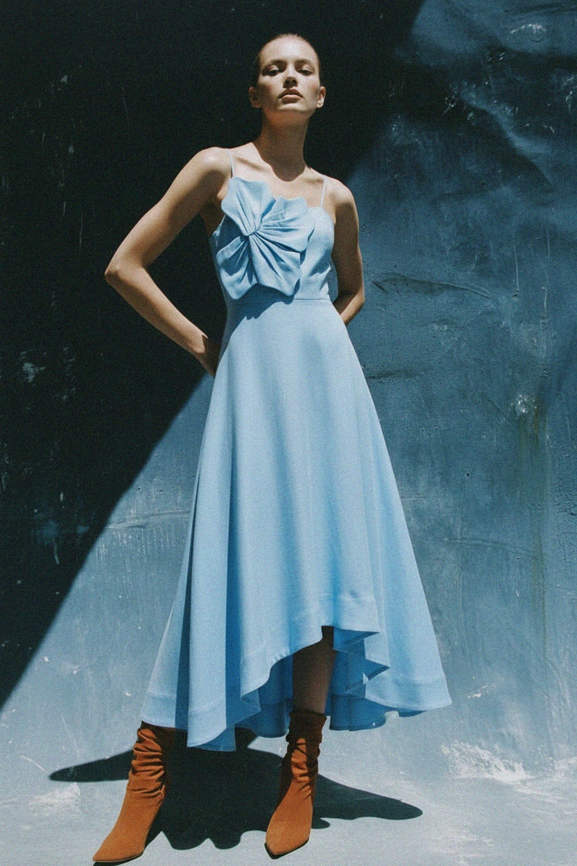 Sky Blue Midi Dress with Decorative Front Bow photo 4