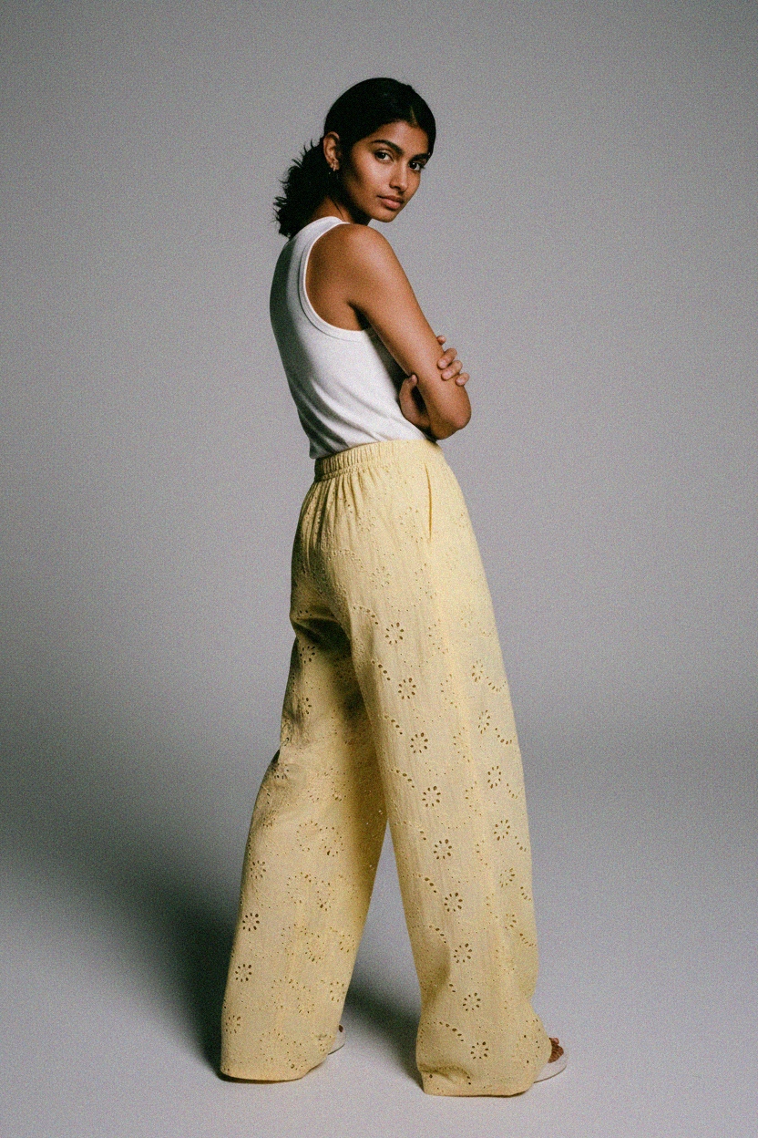 Yellow Eyelet Wide-Leg Pants photo 3
