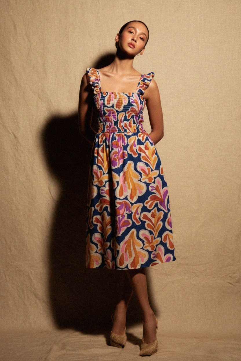 Vibrant Floral Smocked Midi Dress with Ruffle Straps photo 2