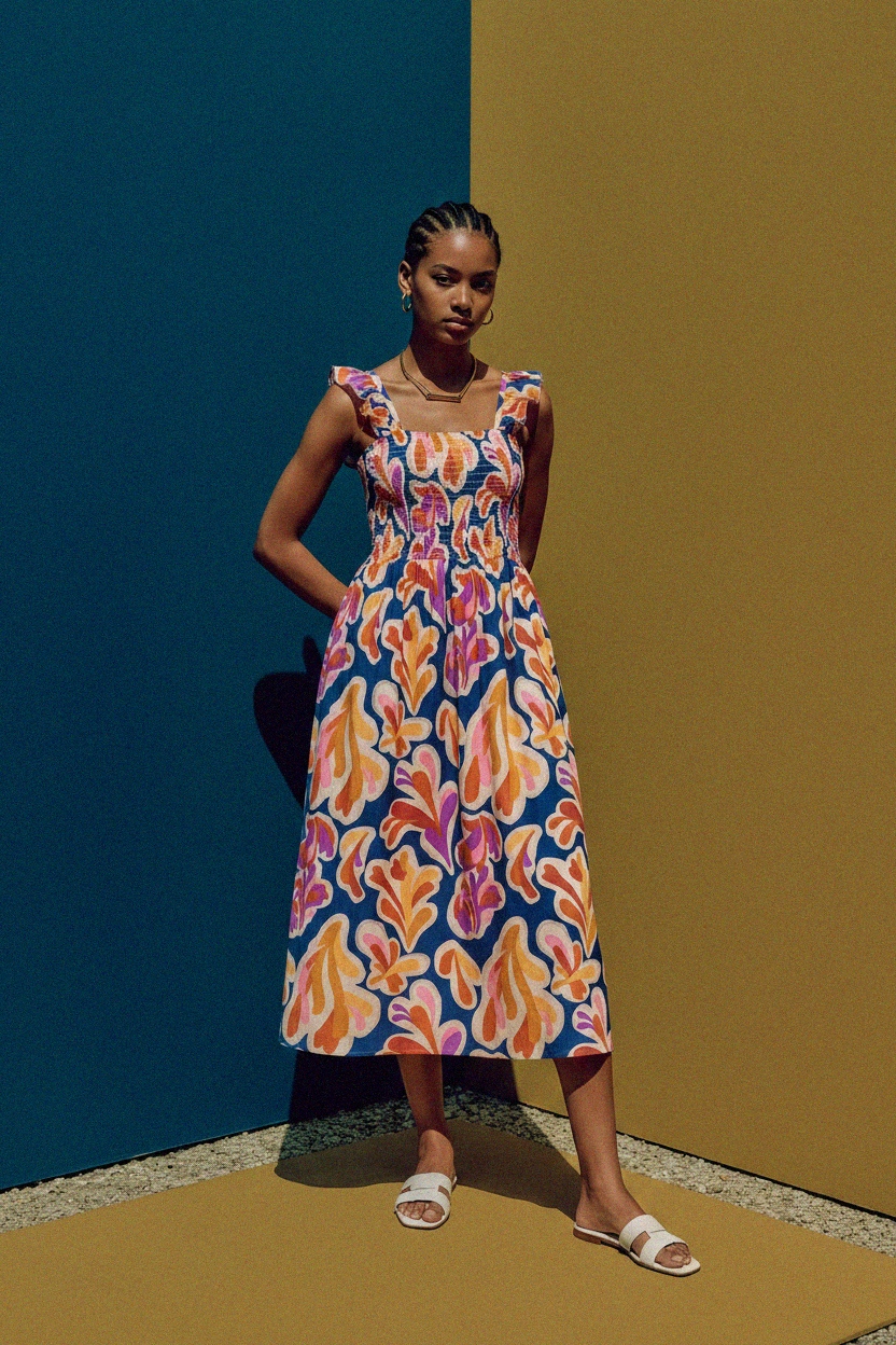 Vibrant Floral Smocked Midi Dress with Ruffle Straps photo 3