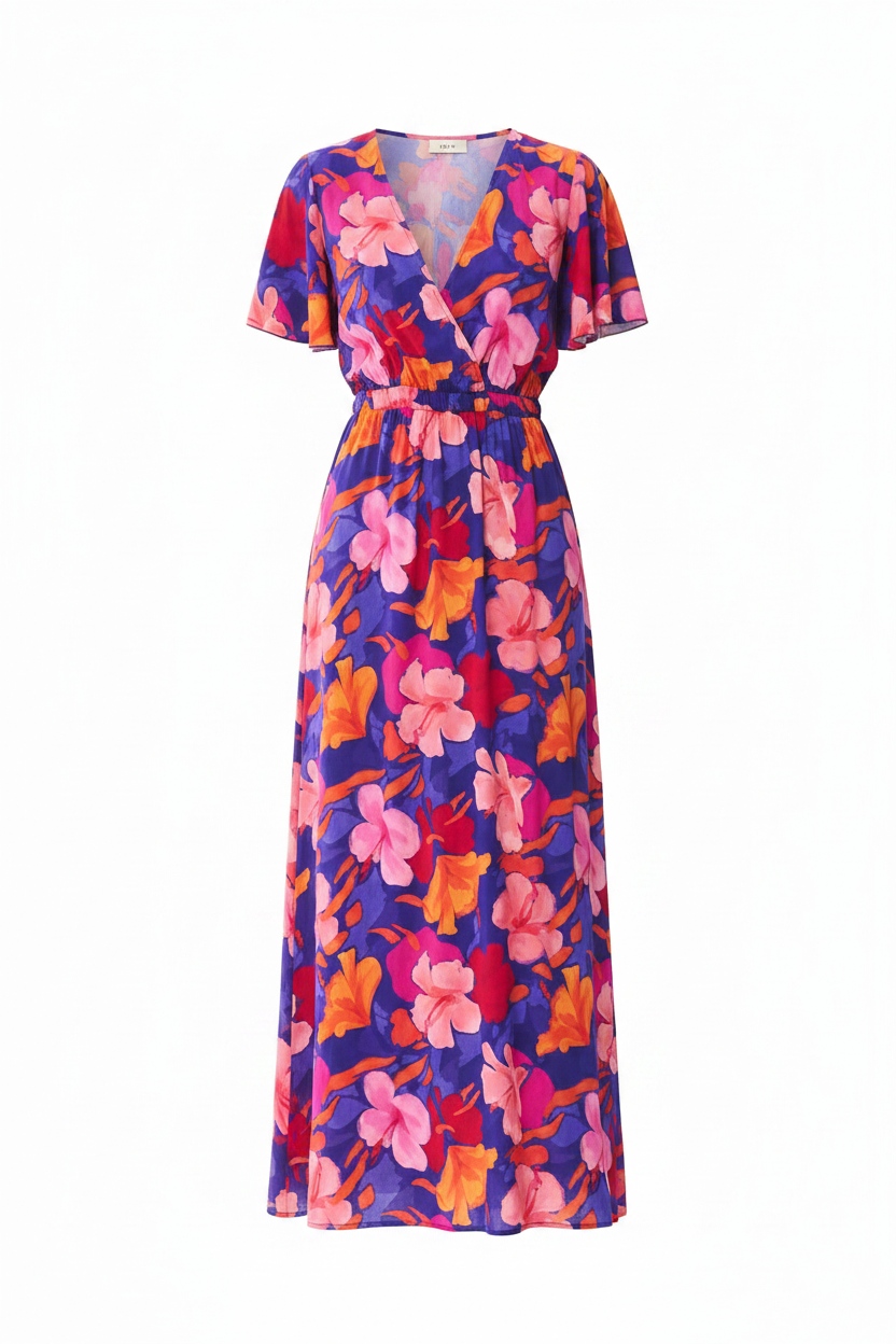 Vibrant Floral Print Maxi Dress with Flutter Sleeves photo 1
