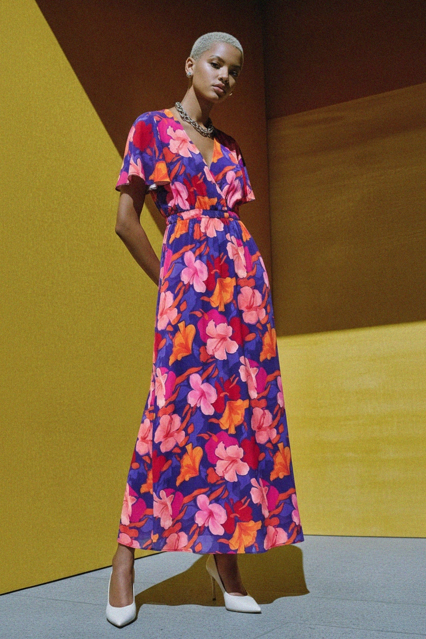 Vibrant Floral Print Maxi Dress with Flutter Sleeves photo 3