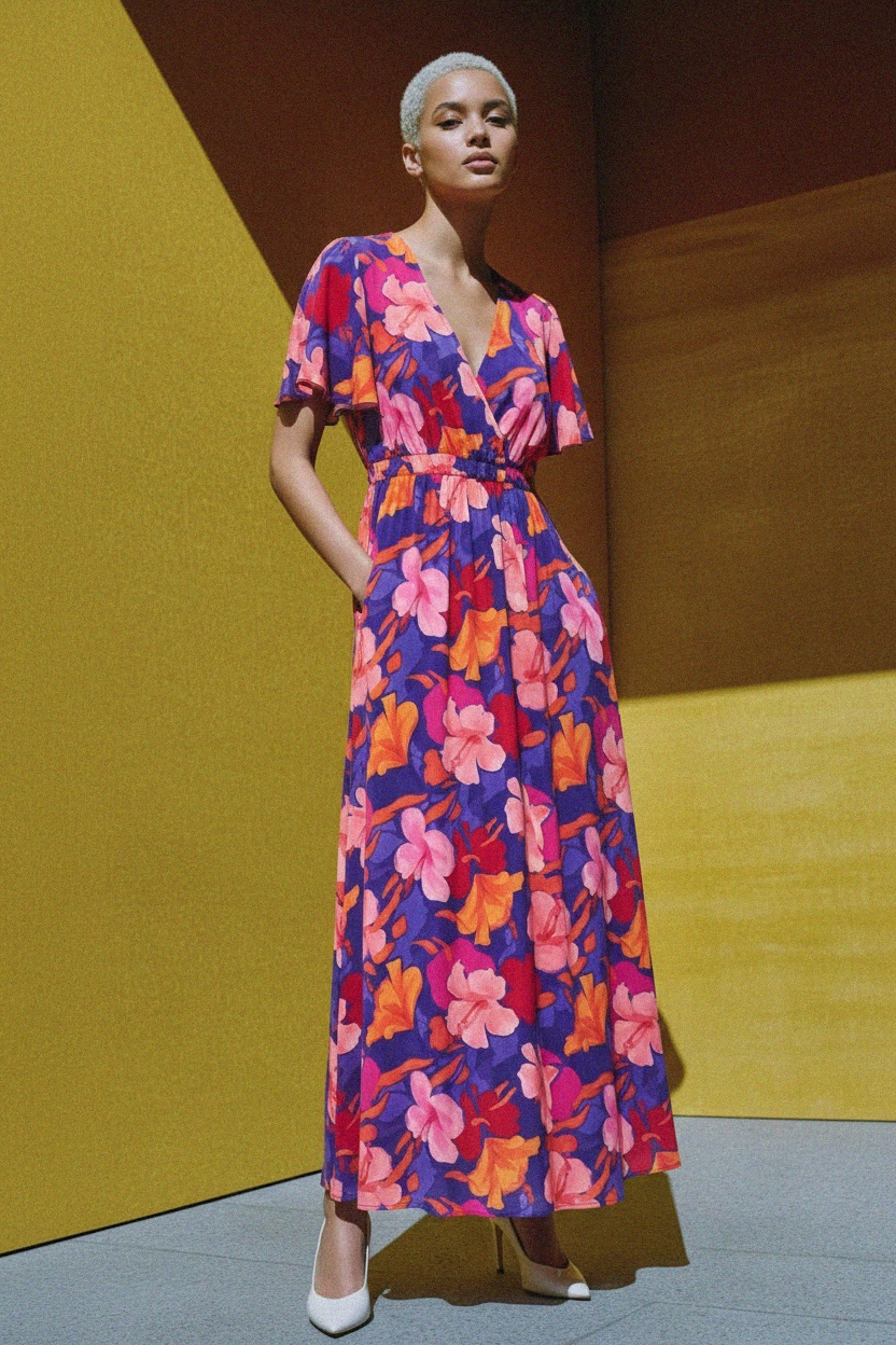 Vibrant Floral Print Maxi Dress with Flutter Sleeves photo 5