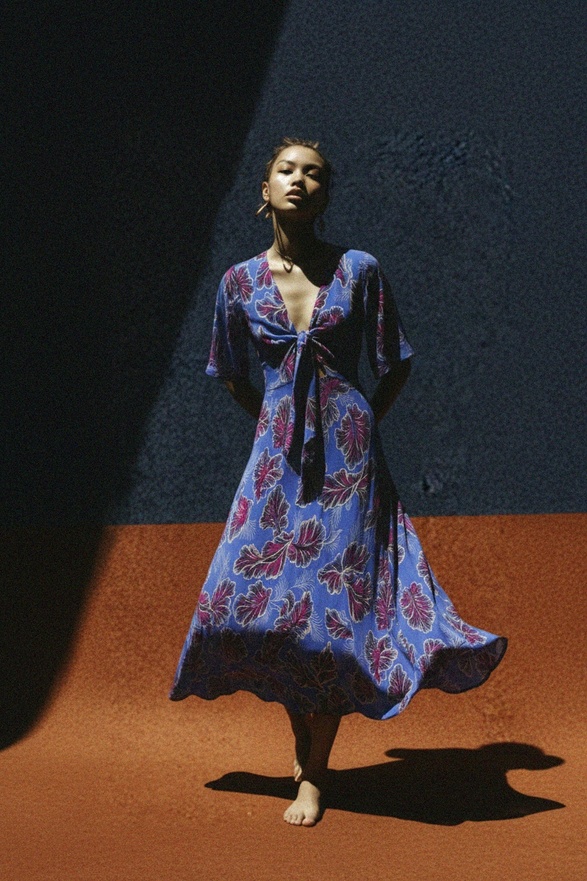 Blue Floral Tie-Front Midi Dress photo 2