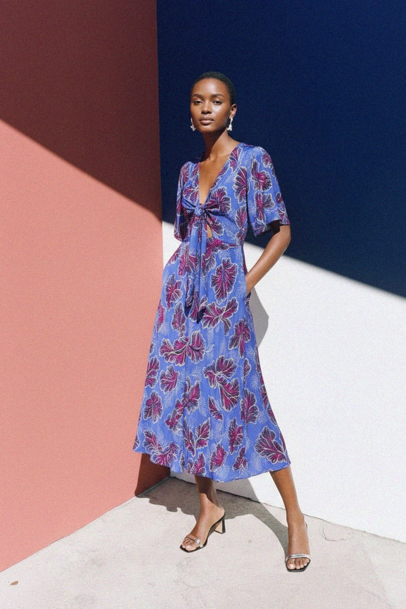 Blue Floral Tie-Front Midi Dress photo 3