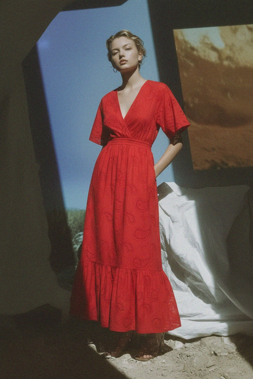 Red Paisley Eyelet Maxi Dress photo 4