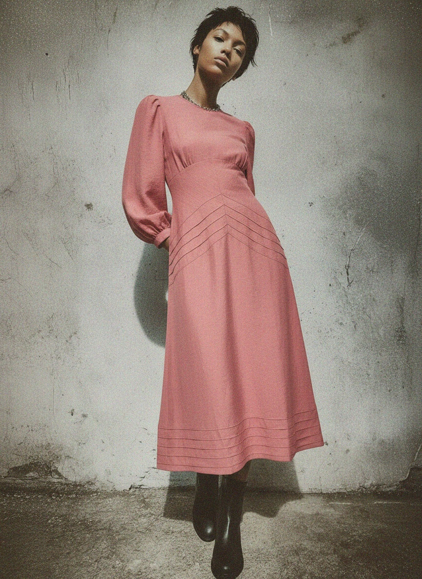 Dusty Rose Midi Dress with Long Sleeves photo 4