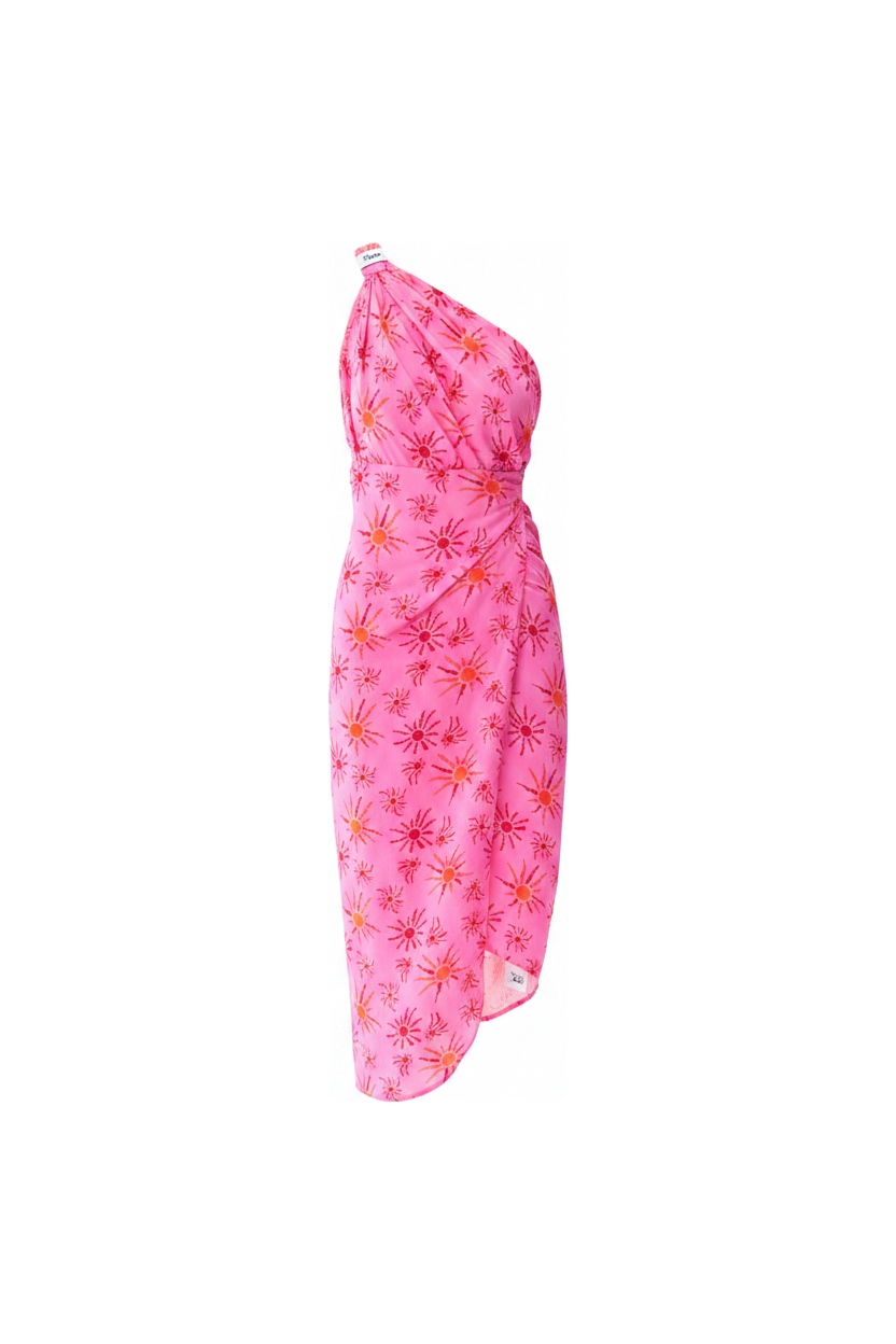 Pink Sun Print One-Shoulder Draped Midi Dress photo 1