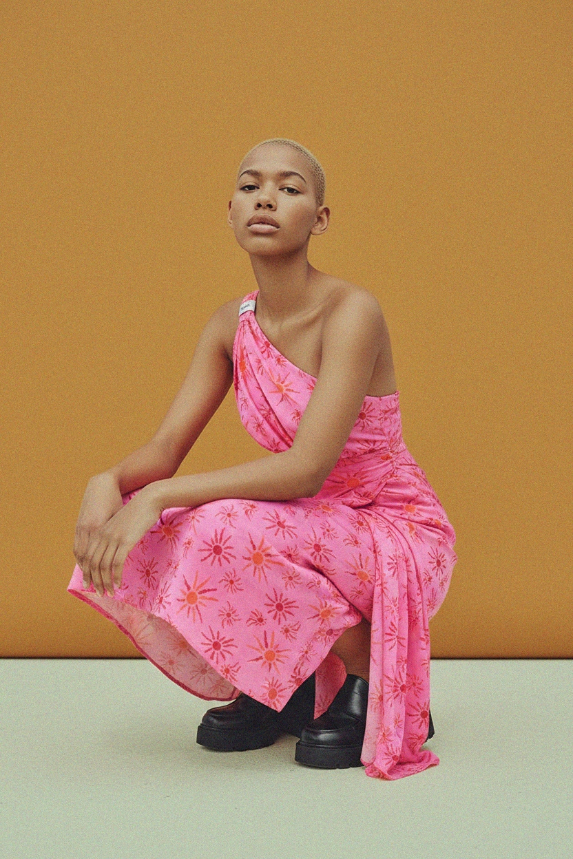 Pink Sun Print One-Shoulder Draped Midi Dress photo 3