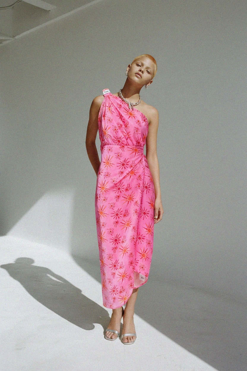 Pink Sun Print One-Shoulder Draped Midi Dress photo 4