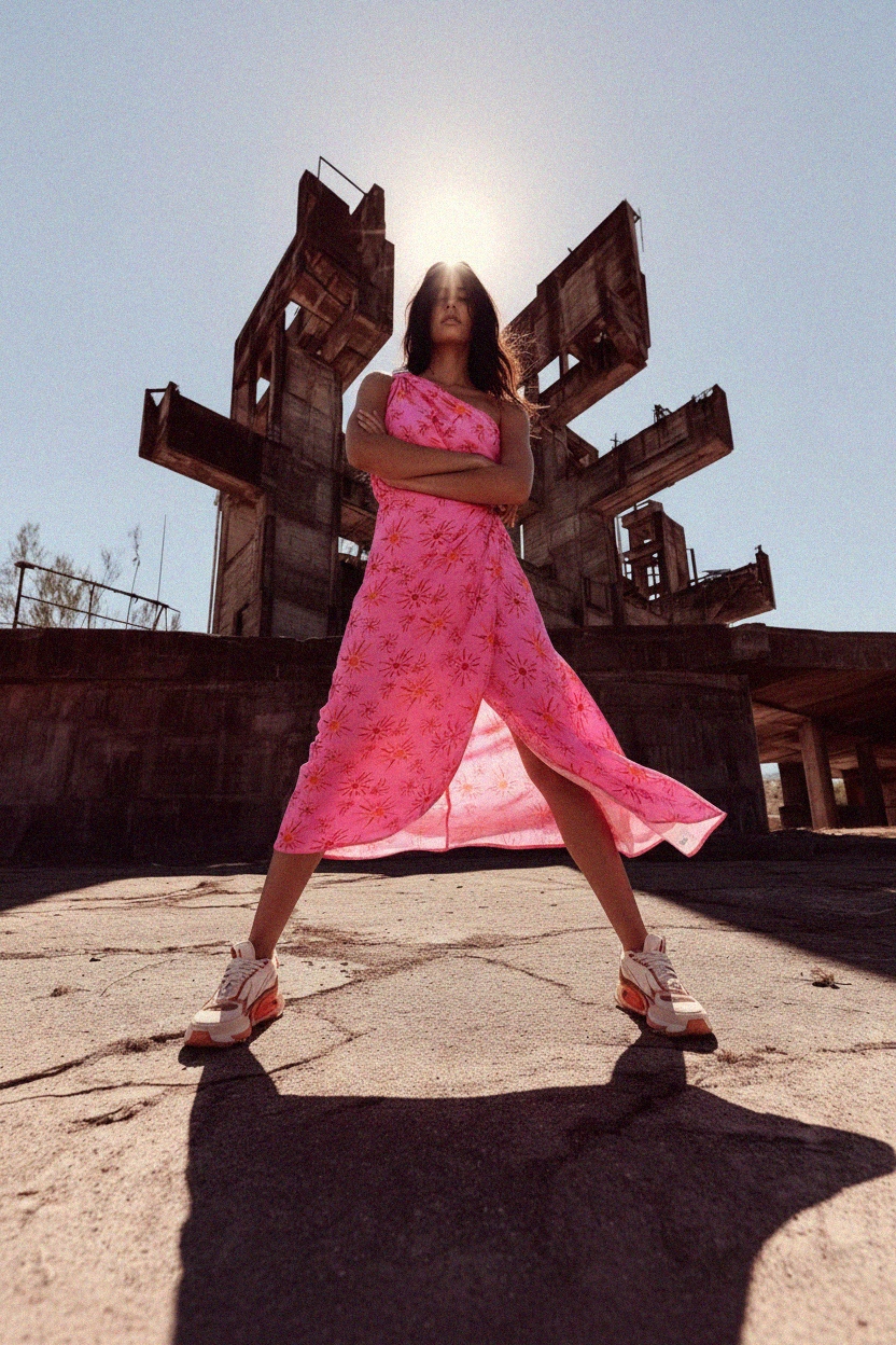Pink Sun Print One-Shoulder Draped Midi Dress photo 5