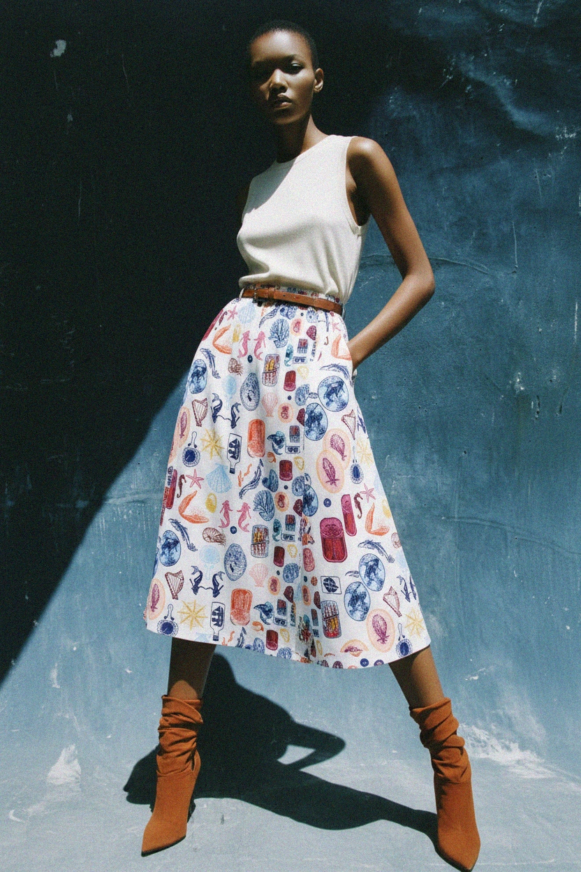 White Midi Skirt with Playful Sea Life Print photo 2