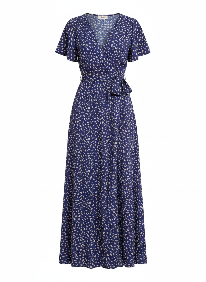 Blue Patterned Maxi Wrap Dress with Slit photo 1