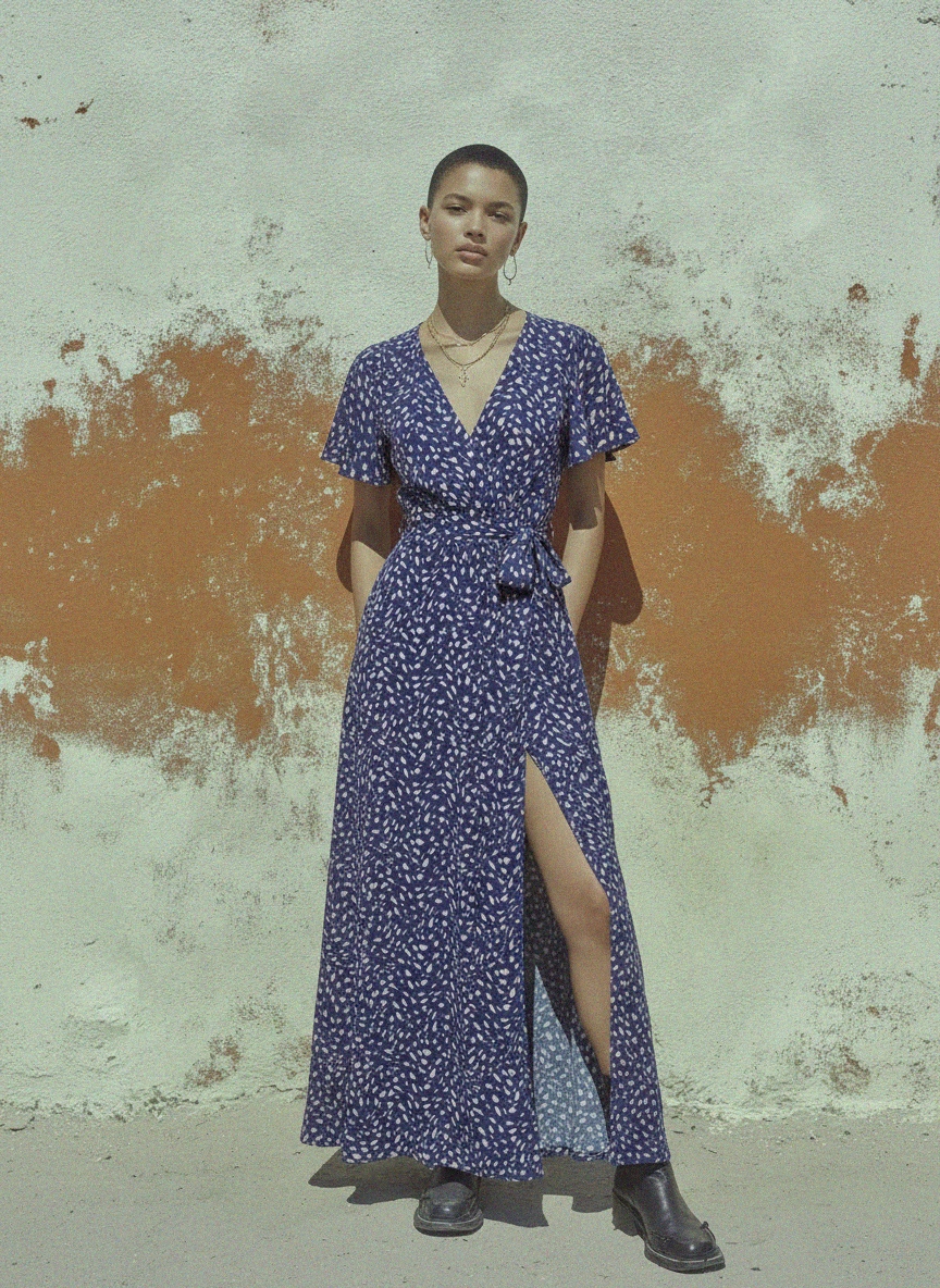 Blue Patterned Maxi Wrap Dress with Slit photo 3