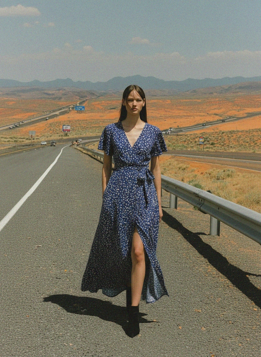 Blue Patterned Maxi Wrap Dress with Slit photo 5