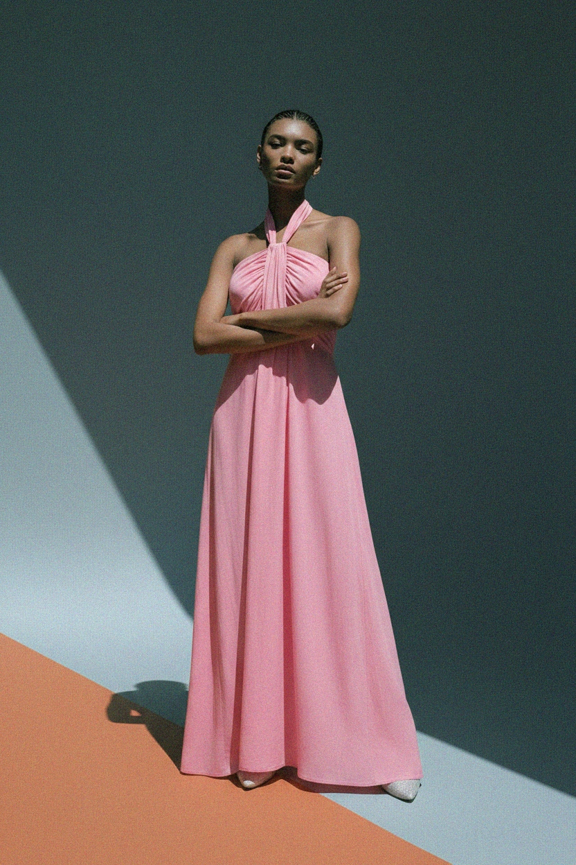 Flowy Pink Halter Maxi Dress photo 2