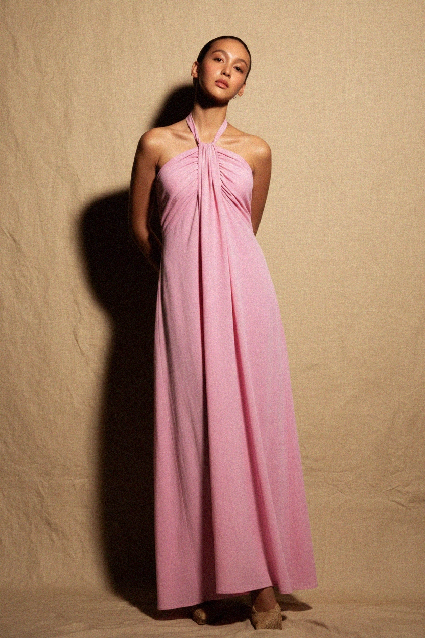 Flowy Pink Halter Maxi Dress photo 3
