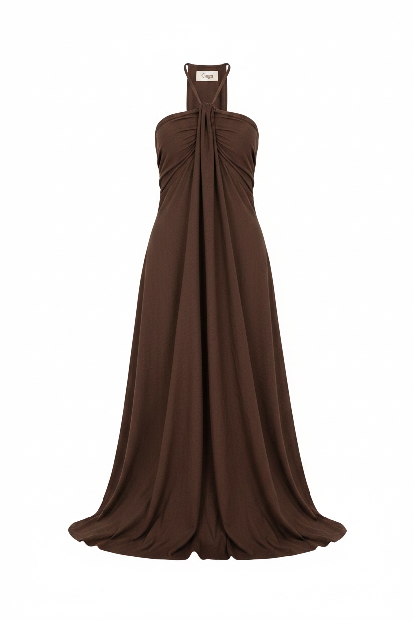 Flowy Brown Halter Neck Maxi Dress photo 1