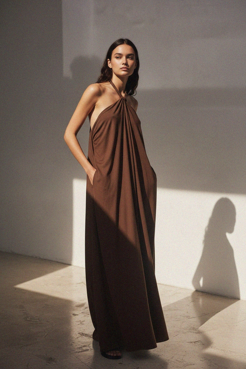 Flowy Brown Halter Neck Maxi Dress photo 3