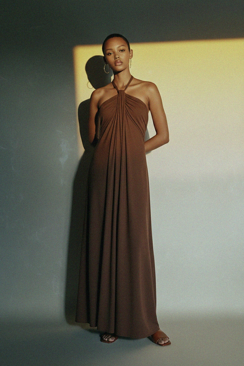 Flowy Brown Halter Neck Maxi Dress photo 4