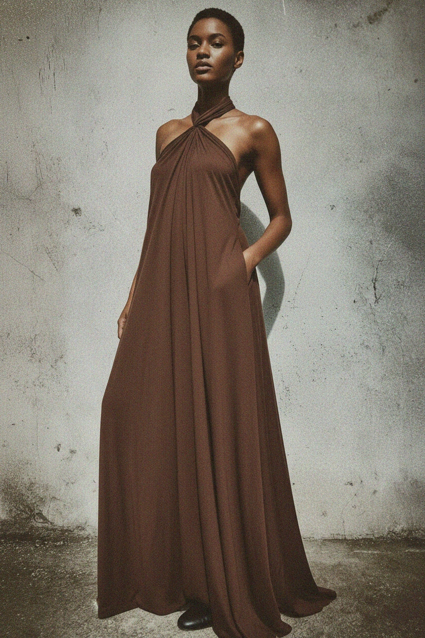 Flowy Brown Halter Neck Maxi Dress photo 5