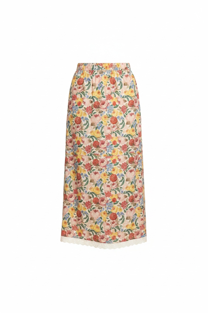 Floral Print Midi Skirt with Delicate Lace Hem photo 1
