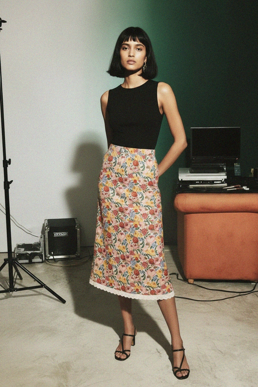 Floral Print Midi Skirt with Delicate Lace Hem photo 2