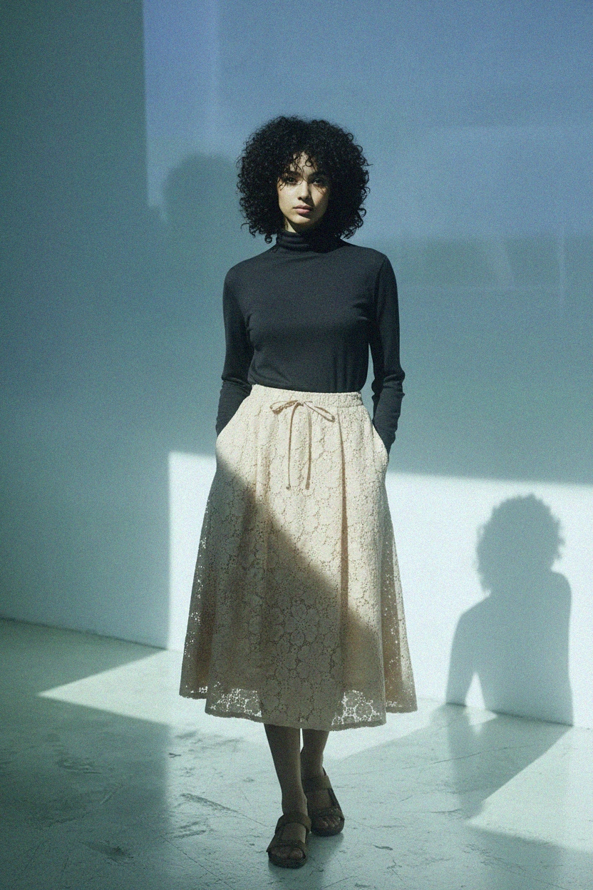 Beige Crochet Lace Midi Skirt photo 2