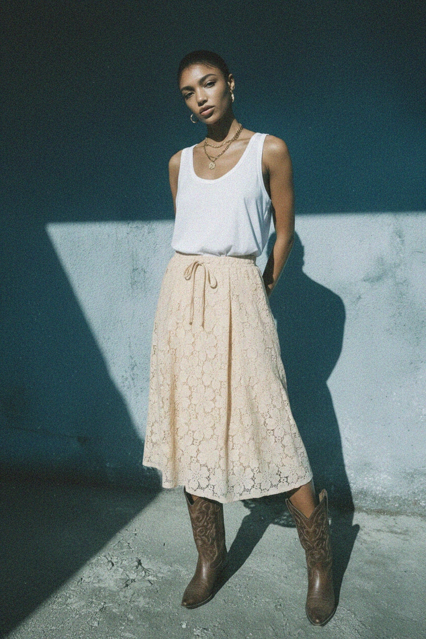 Beige Crochet Lace Midi Skirt photo 3
