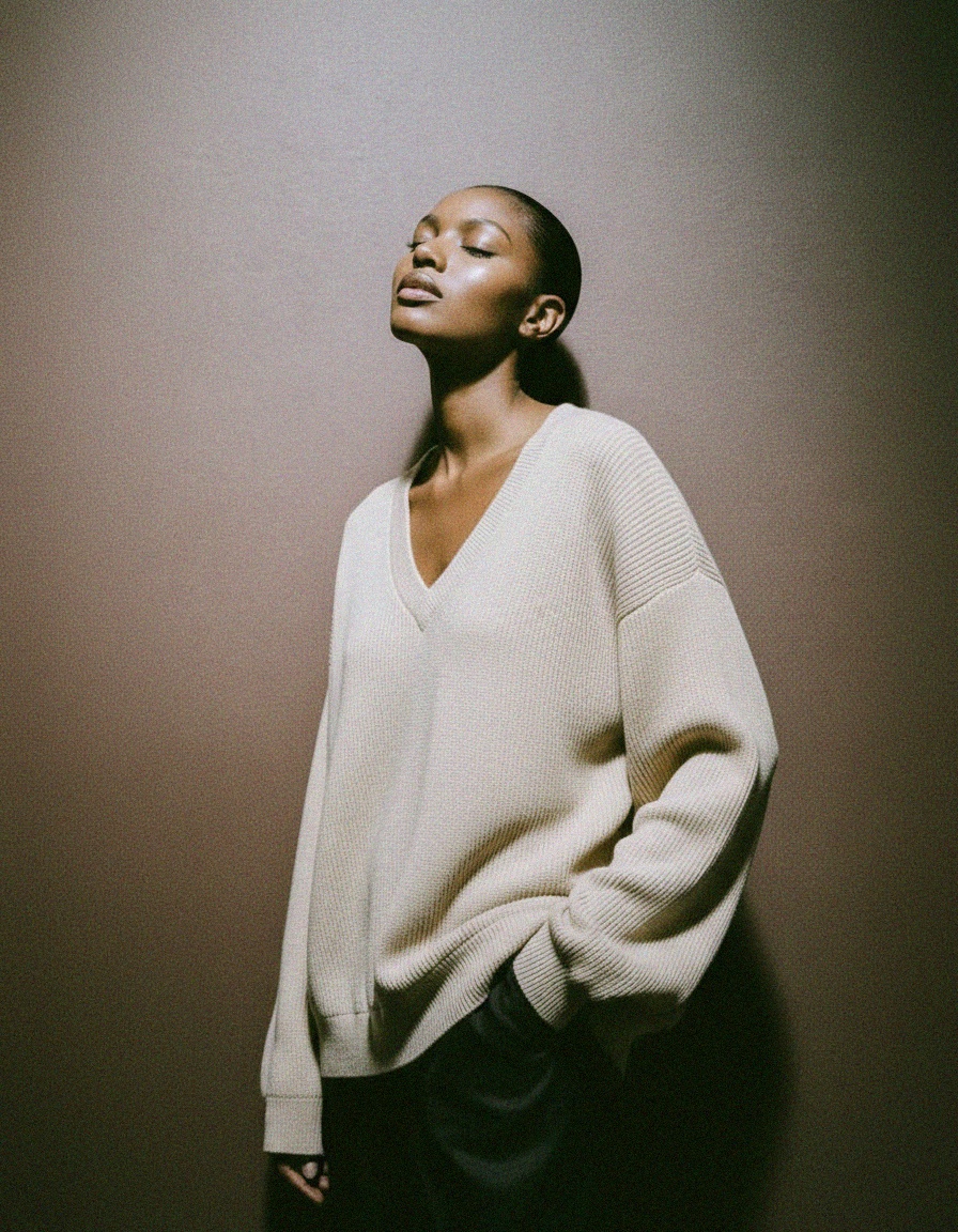 Beige V-Neck Relaxed Knit Sweater photo 3